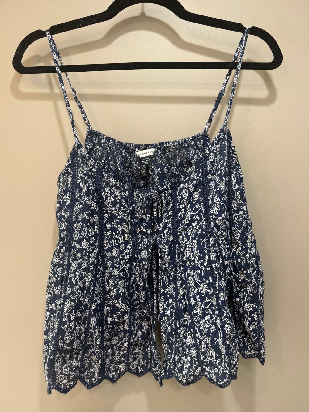 Navy Floral Spaghetti Strap Top with front ties